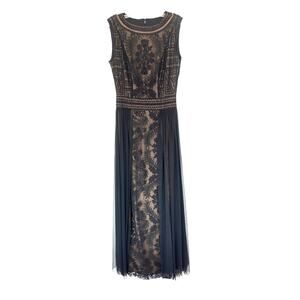 Tadashi Shoji Black Nude Sleeveless Tulle Lace Formal Maxi Gown Size 6